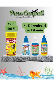 Purecanpati Akvaryum Balık Bakım Seti Tropical Mix Flake 100 Ml + Su Düzenleyici & Vitamin Seti Purecanpati Akvaryum Balık Bakım Seti Tropical Mix Flake 100 Ml + Su Düzenleyici & Vitamin Seti