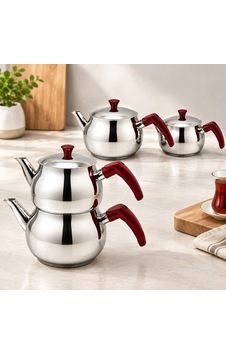 Büyük Küre Çelik Çaydanlık Seti Üst 1.2 Lt Alt 2.0 Lt Sarı