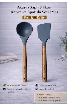 2'li Set Akasya Saplı Kepçe Spatula Setimiz Isıya Dayanıklı Yanmaz Yapışmaz Gri