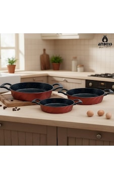 Amboss Vento 3 Parça Döküm Sahan Omlet Seti (Kırmızı) Amboss Vento 3 Parça Döküm Sahan Omlet Seti (Kırmızı)