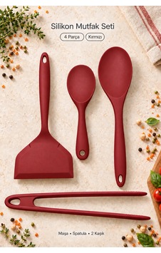 Tilbe Home 4lü Silikon Mutfak Servis Seti Kaşık Spatula Maşa Yemek Pişirme Karıştırma Hazırlık Gereç