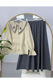 Lovie Moda Nakışlı Bebe Yaka Etekli Takım Bej Lovie Moda Nakışlı Bebe Yaka Etekli Takım Bej