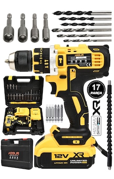 Assur ASR147 12V Çift Akülü Vidalama Darbeli Şarjlı Matkap Sarı