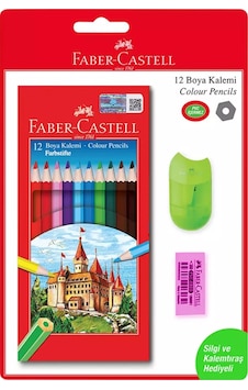 Faber-Castell Red Line Kuru Boya Seti 12'Li Kalemtraş + Silgi