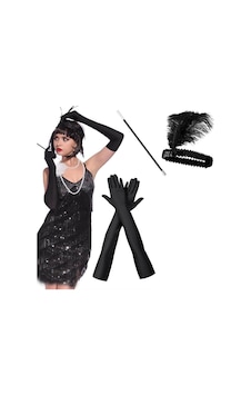 1920'ler Gatsby Aksesuar Seti Siyah Charleston Saç Bandı, Uzun Eldiven & Sigaralık 1920'ler Gatsby Aksesuar Seti Siyah Charleston Saç Bandı, Uzun Eldiven & Sigaralık