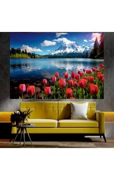 Laleler Ve Karlı Dağ Manzaralı Sanatsal Dekoratif Duvar Tablosu 70x100 Cm Laleler Ve Karlı Dağ Manzaralı Sanatsal Dekoratif Duvar Tablosu 70x100 Cm