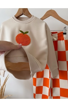 Mila Mood Kız Çocuk Portakal Nakışlı Sweatshirt Turuncu Ekose Bol Paça Pantolon 2 Li Takım Mm-026-034-0010 Krem