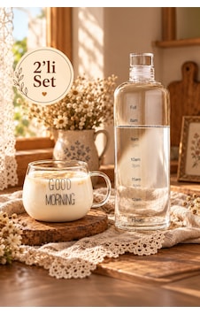 Porsima Motivasyon Saat Çizgili Cam Başucu Sürahisi Ve Good Morning Yazılı Borosilikat Kupa Seti 1000 Ml Sürahi + 400 Ml Kupa
