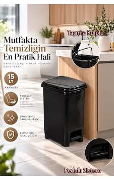 Porsima 0123-1 Slim Pedallı Çöp Kovası 15 Lt Siyah Taşıma Kulplu İç Kovalı, Mutfak Ve Banyo İçin Dar Alan Çöp Kovası