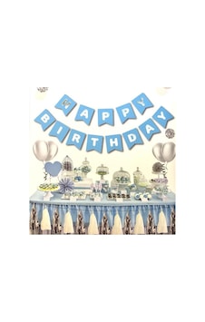 Beysüs Mavi Üstüne Gümüş Gri Yaldızlı Happy Birthday Yazılı Doğum Günü Partisi Karton Standart