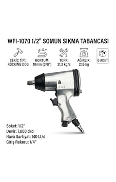 Uno Wfı-1070 1/2" Havalı Somun Sıkma Tabancası - 7000 D/d Yüksek Devirli Bijon Sıkma Sökme