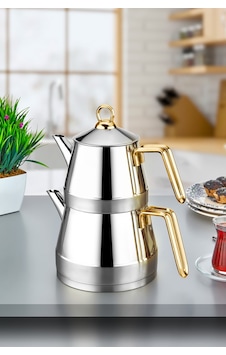 Polochef Venedik Çaydanlık 18/10 Paslanmaz Çelik Büyük Boy Gold Saplı. Gümüş Polochef Venedik Çaydanlık 18/10 Paslanmaz Çelik Büyük Boy Gold Saplı. Gümüş