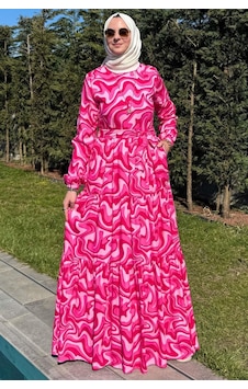 Rabia Şamlı Su Desenli Elbise Pembe Normal Rabia Şamlı Su Desenli Elbise Pembe Normal