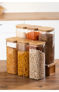 Porsima 7-3 Bambu Vakumlu Kapaklı Kare Borsilikat Cam 6lı Kavanoz Seti Saklama Kabı 1900ml 9,5x27cm Ahşap - Şeffaf Porsima 7-3 Bambu Vakumlu Kapaklı Kare Borsilikat Cam 6lı Kavanoz Seti Saklama Kabı 1900ml 9,5x27cm Ahşap - Şeffaf
