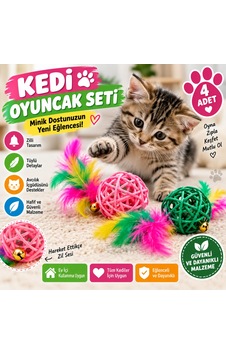 Tüylü Kedi Oyuncağı Seti Zilli Ve Hasır Toplu 4 Lü Kedi Oyun Seti