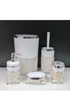 5 Parça Yuvarlak Akrilik Ferforje Banyo Seti Beyaz Gümüş Karo Desen Beyaz