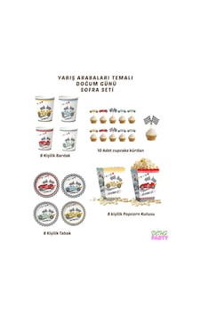 Karton Yarış Arabaları 23 Cm 8'er Adet Tabak Bardak Popcorn Kürdan Set Doğum Günü Seti Aksesuar Çok Renkli