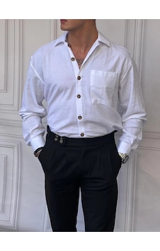 Modefendi Tek Cepli Keten Yazlık Oversize Gömlek Beyaz Modefendi Tek Cepli Keten Yazlık Oversize Gömlek Beyaz