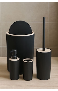 Quardi Banyo Seti Modern Çizgili - 7 Litre Kova 4 Parça Banyo Çöp Kovası Seti Siyah