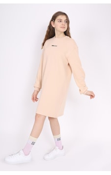 Kız Çocuk Baskılı Oversize Bisiklet Yaka Uzun Kollu Elbise - Bej Kız Çocuk Baskılı Oversize Bisiklet Yaka Uzun Kollu Elbise - Bej