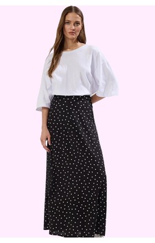 Ersefa Moda Tesettür Regular Çiçekli Desen Günlük Maxi Boy Puantiye Desenli Çan Dokuma Etek Siyah