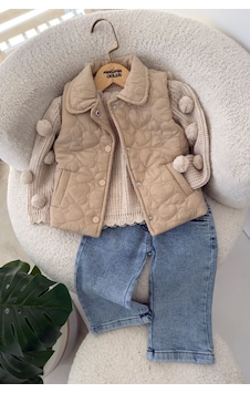 Minigimin Cicileri Kalp Desenli Taş Detaylı Kız Bebek Kapitone Montlu Triko Ve Kot Pantolon 3 Lü Takım - Kahve Minigimin Cicileri Kalp Desenli Taş Detaylı Kız Bebek Kapitone Montlu Triko Ve Kot Pantolon 3 Lü Takım - Kahve