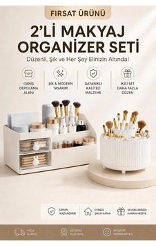 Makyaj Organizeri Çekmeceli Tavşan Ve 360 Derece Dönebilen 5 Bölmeli İkili Set Beyaz Açık Beyaz Makyaj Organizeri Çekmeceli Tavşan Ve 360 Derece Dönebilen 5 Bölmeli İkili Set Beyaz Açık Beyaz