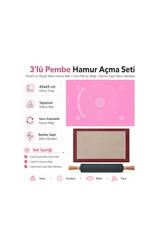 3 Lü Pembe Hamur Açma Seti 45x65 Cm Ölçülü Silikon Hamur Matı, Fırın Pişirme Altlığı Ve Bambu Saplı Silikon Merdane Diğer 3 Lü Pembe Hamur Açma Seti 45x65 Cm Ölçülü Silikon Hamur Matı, Fırın Pişirme Altlığı Ve Bambu Saplı Silikon Merdane Diğer
