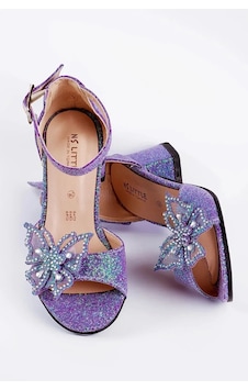 Nese Shoes Kelebekli Kız Çocuk Topuklu Ayakkabı, Simli Abiye Ayakkabı Mor