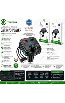 Yk Design Ft-620 Araç Fm Transmitter Bluetooth Usb Mp3 Sd Kart Pd Typec Şarj