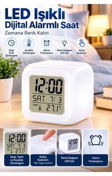 Led Aydınlatmalı Küp Saat Dijital Alarm Tarih Ve Sıcaklık Göstergeli - Lisinya Çok Renkli Led Aydınlatmalı Küp Saat Dijital Alarm Tarih Ve Sıcaklık Göstergeli - Lisinya Çok Renkli