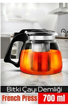 Süzgeçli French Press Cam Demlik 700 Ml Bitki Çayı Demliği Altın - Mavi