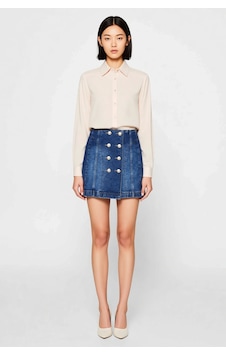 Benerly Kadın Mini Denim Etek Çift Düğme Detaylı A-line Kesim %99 Pamuk R Mavi