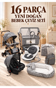 16 Parça Yeni Doğan Bebek Çeyiz Seti Full Set Bebek Arabası-beşik- Seti -anakucağı-çanta-puset-babynest-yastık-yatak-oyuncak Barı-ayak Örtüsü