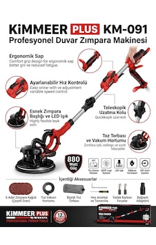 Kimmer Plus Km-091 Profesyonel Duvar Ve Tavan Zımpara Makinesi 880w - Vakumlu Ve Led Işıklı