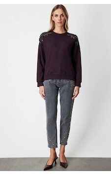 On Fashion Kadın Omuzları İncili Sıfır Yaka Bordo Sweatshirt 66338 Bordo