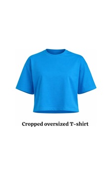 Kadın Mavi Oversize Crop Pamuk T-shirt Mavi