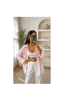 Moda Banuş Pembe Düşük Omuzlu Tensel Gömlek Moda Banuş Pembe Düşük Omuzlu Tensel Gömlek