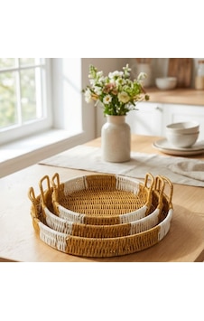 İç İçe Geçebilen 3 Lü Yuvarlak Plastik Rattan Tepsi Seti Çift Renkli Hasır Görünümlü Çok Amaçlı Serv --- İç İçe Geçebilen 3 Lü Yuvarlak Plastik Rattan Tepsi Seti Çift Renkli Hasır Görünümlü Çok Amaçlı Serv ---