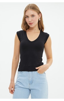 Fullamoda Basic V Yaka Kolsuz Bluz Siyah