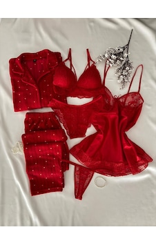 Mh Moony Homewears 6'lı Nürü Pijama İç Giyim Gecelik Çeyiz Seti Kırmızı Mh Moony Homewears 6'lı Nürü Pijama İç Giyim Gecelik Çeyiz Seti Kırmızı
