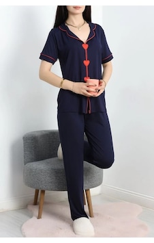 Seka Store Seka Kalp Nakışlı Biyeli Viskon Pijama Takım Lacivert - 40564.1857. Çok Renkli