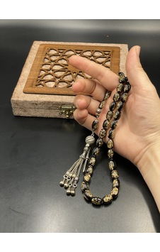 Onurlu Tesbihane Golden Rozalin Uçak Camı Tesbih Siyah 8x12 Mm Erkek Tesbihi Gümüş