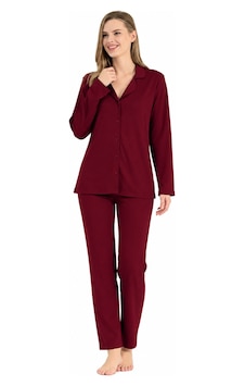 Pijadore Kadın Önü Düğmeli Uzun Kollu Mevsimlik Pijama Takımı 2209 Bordo