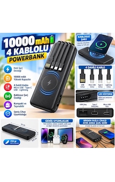 Ers 10000 Mah Micro Type-c Usb Lightning 4 Kablolu Hızlı Kablosuz Şarj Powerbank