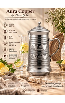 Aura Copper 2 Litre Kapaklı İçi Kalaylı El İşlemeli Bakır Sürahi