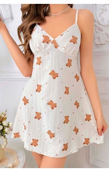 Fulla Moda Ayıcık Desenli İp Askılı Gecelik Beyaz Fulla Moda Ayıcık Desenli İp Askılı Gecelik Beyaz