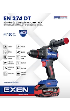 Exen EN 374 DT - 21V 4Ah 160n.m Kömürsüz Darbeli Şarjlı Matkap - Çift Akü 2x4 Ah Exen EN 374 DT - 21V 4Ah 160n.m Kömürsüz Darbeli Şarjlı Matkap - Çift Akü 2x4 Ah