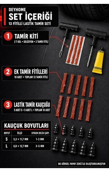 3'lü Set 13 Fitilli Tubeless Oto Lastik Tamir Kiti T Kollu Aparat, Solüsyon Ve Lastik Tamir Kauçuğu Sku: Zeusb0hfspz9t3