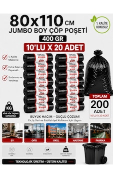 80x110 Cm 90 Litre Jumbo Boy Çöp Torbası 200 Adet Siyah Dayanıklı Endüstriyel Çöp Poşeti 10'lu 20 Rulo 80x110 Cm 90 Litre Jumbo Boy Çöp Torbası 200 Adet Siyah Dayanıklı Endüstriyel Çöp Poşeti 10'lu 20 Rulo